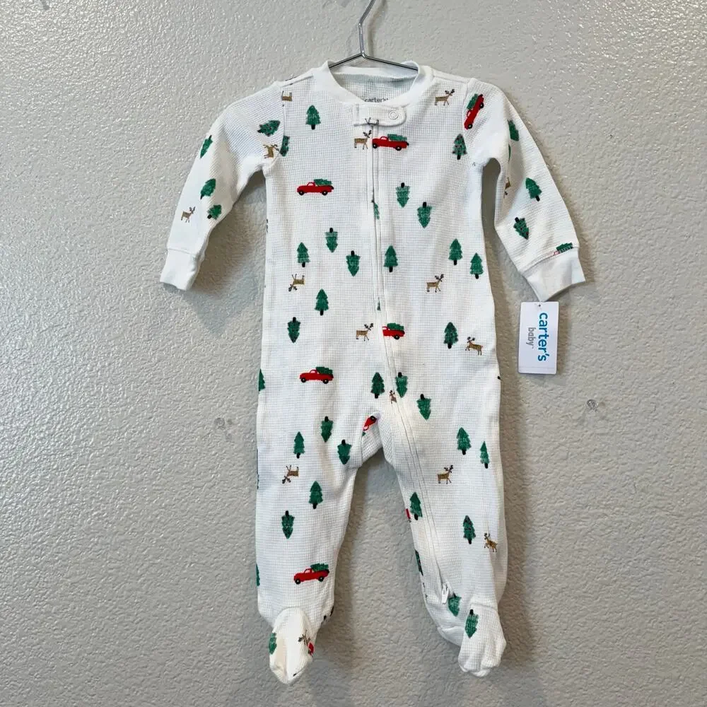 Carter's thermal knit Christmas tree zip footie pjs pajamas white red green